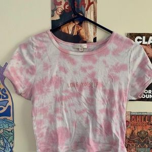 pink and white tie dye “love yo’ self” crop top